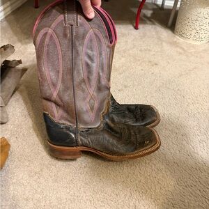 Brown Square Toe Cowboy Women’s Cowboy Boots with Pink Trim